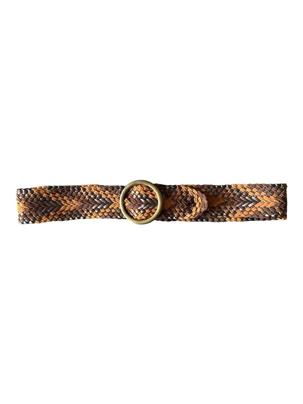 Boho Braided Wide Leather Belt Cognac Multi Brass Buckle Size OS